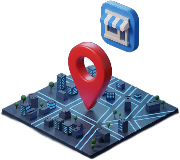 Mapa de bairro com o pino de localização e o ícone do Perfil de Empresa no Google